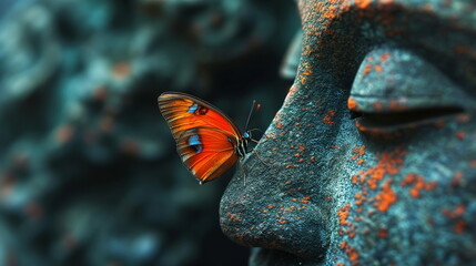 A bright orange butterfly rests on a stone sculpture, blending with the rusty texture of the statue.