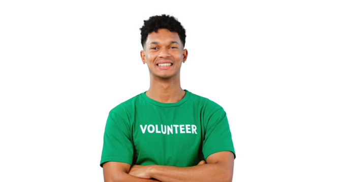 Man, volunteer and portrait or non profit charity or outreach project or social responsibility, community service or help. Male person, ngo or isolated transparent png background, climate or campaign - Powered by Adobe