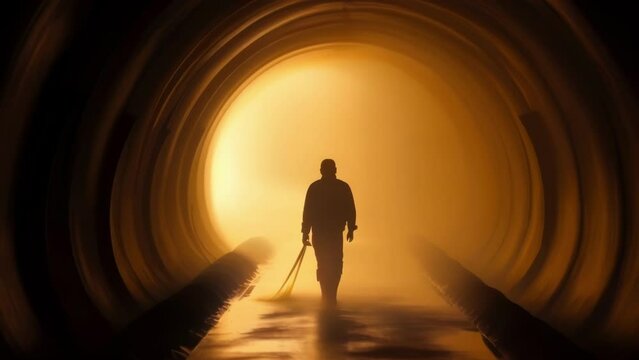 The amber light of industrial lamps casts a surreal fog over a Sewer Worker as he trudges through a narrow tunnel. His eyes glimmer with determination and strength yet a solitary fatigue is visible