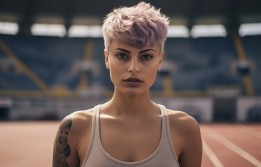 an athletic woman in sport filed stadium ready for training, Generative Ai - obrazy, fototapety, plakaty