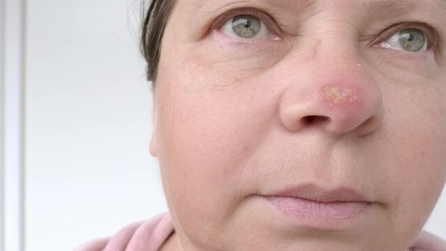 female face close-up, herpes on tip of nose, harbinger of dangerous disease damage to skin and nervous system, concept Women's Skin Health, Managing symptoms and treatment for woman with herpes