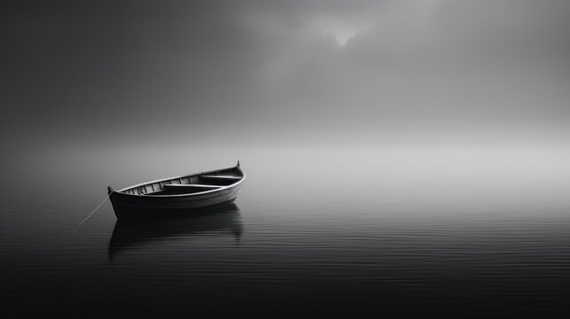 a small boat floating on top of a body of water in the middle of a dark foggy night sky.