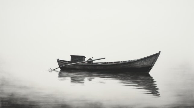 a black and white photo of a boat on a foggy lake with two oars sticking out of it.