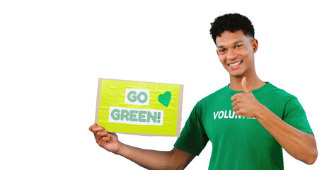 Volunteer, portrait and protest poster for environment accountability for global warming, climate change or earth day. Male person, pollution and isolated transparent png background or go green sign