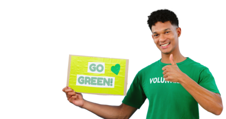 Volunteer, portrait and protest poster for environment accountability for global warming, climate change or earth day. Male person, pollution and isolated transparent png background or go green sign