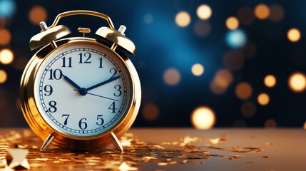 A great alarm clock in golden color. Minimalist design, background with a space for copying. Generative AI