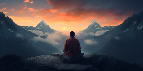 young adult meditating on mountain peak at dusk Person practicing transcendental meditation at sunrise with view of beautiful nature Illustration of person meditating on top. - obrazy, fototapety, plakaty