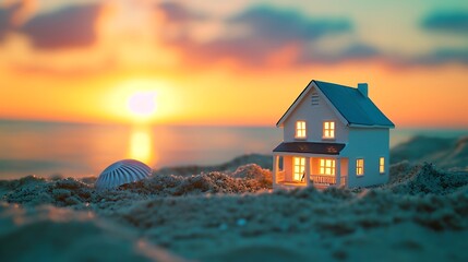 A miniature house placed on a sandy beach with a sunset backdrop
