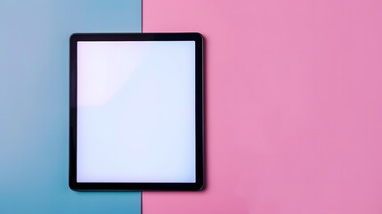 Tablet computer with blank white screen on pink and blue background