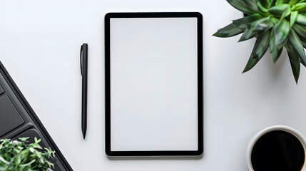 Tablet computer with blank white screen on white background