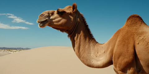 Camel in the desert against the blue sky.