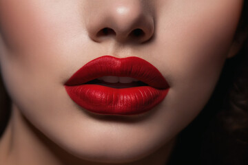 Obraz premium The red hue of her red lipstick adorns her lips like a precious organ, highlighting their allure in a captivating closeup