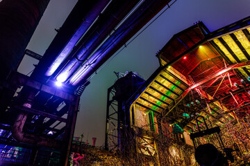 Landschaftspark Duisburg-Nord by night with all coloured buildings.