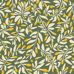Tropical hand drawn foliage pattern with yellow buds. Vector seamless pattern design for textile, fashion, paper, packaging, wrapping and branding