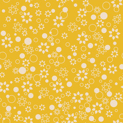 Cute yellow pattern with dots and simple flower motifs. Vector seamless pattern design for textile, fashion, paper, packaging, wrapping and branding