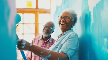 A senior African American woman is joyfully painting a wall blue with a roller, while a man works in the background