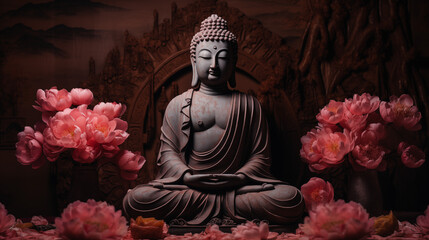 Fototapeta premium Buddha Statue with lots of Pink Roses