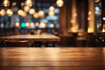 Empty wooden table top with lights bokeh