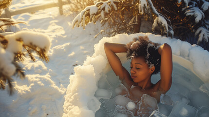 A beautiful African American woman with her eyes closed immersed  in ice bath, surrounded by nature and glowing sunset.
