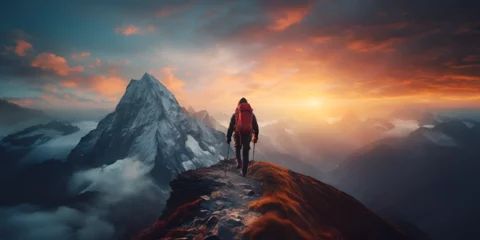 Foto op Canvas Traveler conquering the top of the mountain Hiker on standing and sunset adventure concept close up portrait of hiker looking at the horizon in the mountains. © sumia