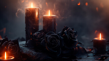 Black and red roses with black candles. Gothic feeling.