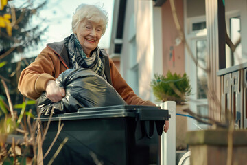 Elderly woman happily taking out garbage bag - obrazy, fototapety, plakaty