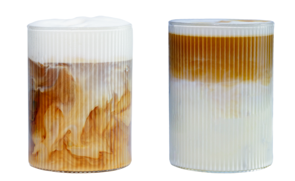 Compare milk foam from hot drink espresso base cappuccino coffee and coffee latte macchiato in tall glass, studio shot, isolated clipping path on white background.