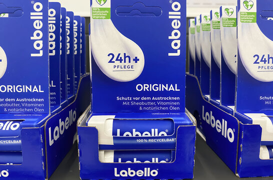 Viersen, Germany - January 9. 2024: Closeup of  blue packs Labello lipsticks lips care in shelf of german store
