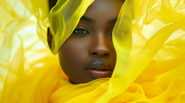 Beautiful african american woman in yellow translucent textile.