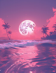 Vaporwave Landscape, Moon, Ocean Waves, Sand, Clouds, Palm Trees, Sky, Pink, Turquoise, Blue,...