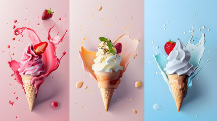 Colorful ice creams in waffle cones, 3d illustration. Banner with tasty sweet fresh fruit ice...