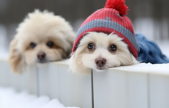 cute puppy happy cheerful at winter outdoor snow fall, cute dogs looking behind fence wall, Generative Ai