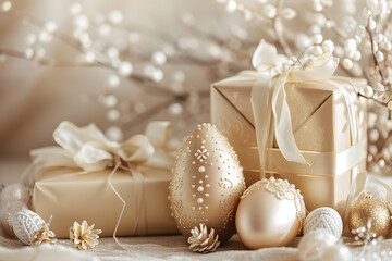 Fototapeta na wymiar Golden Elegance: A Festive Collection of Decorated Eggs and Gifts Adorned with Golden Ribbons
