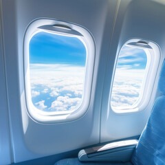 Business class comfort: window seat on airplane with sky and clouds view. AI generative