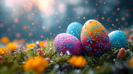 Colorful easter eggs in the grass with bokeh background