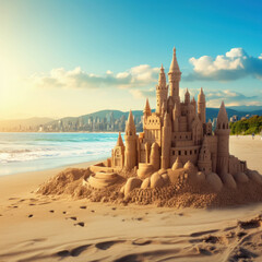 Summer day: sandcastle on beach with blurred city. AI generative.