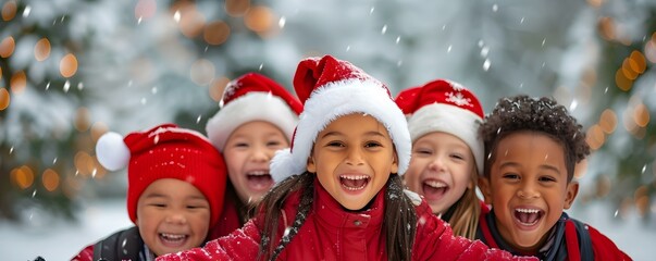 Fototapeta na wymiar Diverse children joyfully celebrating the holiday season together. Concept Holiday Gathering, Cultural Diversity, Joyful Kids, Festive Celebrations, Unity in Holidays