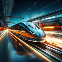 High-speed train in rapid motion on railway. Fast transportation. AI generative.