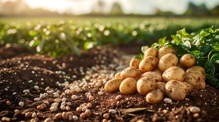 Agriculture vegetable field. Beans, grains, nuts and seeds, potatoes, field background. - obrazy, fototapety, plakaty