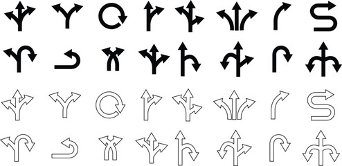 Set of black traffic arrows icon collection isolated transparent background. Flat or line vector. Bended arrow, turning, zig zag, crossroads, driving direction mark, location point crossroad circle .