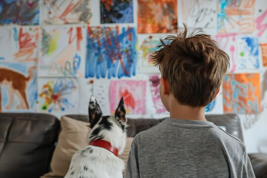 Boy and his dog looking at a wall full of children's doodles and paintings. Messy living room. Concept of children's creativity and mischief of kids and pets