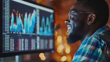 Smiling black business man trader big data analyst looking at computer monitor with business graph, stock broker analysing indexes, financial chart trading online on screen