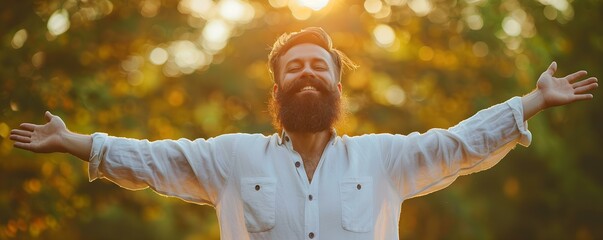 A joyful stylish bearded man celebrates victory with outstretched arms and a smile. Concept Celebratory Man, Stylish Beard, Victory Pose, Joyful Expression - obrazy, fototapety, plakaty