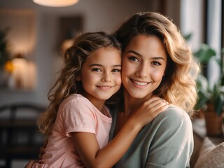A mother and daughter share a loving hug filled with pure love and happiness.