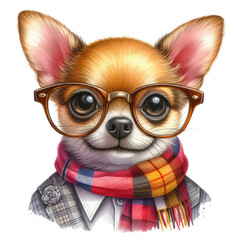 Chihuahua wearing glasses and a scarf and glasses. Dog in fashionable clothes. Watercolor illustration