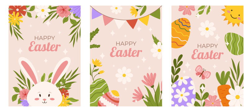 Easter collection of vertical greeting cards template. Design for celebration spring holiday with flowers, bunny, butterfly, sun and painted eggs. Hand drawn flat vector illustration.