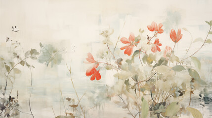Watercolour Painting of Red Flowers and Grass