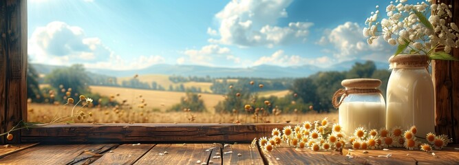 Fresh dairy products on a wooden table With livestock, dairy farm, beautiful grassland landscape, bright blue sky background. for advertising posters