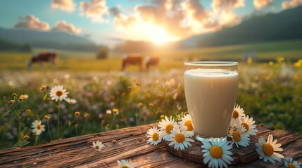 Fresh dairy products on a wooden table With livestock, dairy farm, beautiful grassland landscape, bright blue sky background. for advertising posters