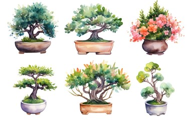 watercolor painting style illustration artwork cute bonsai tree blossoming spring time, isolated on white background, Generative Ai